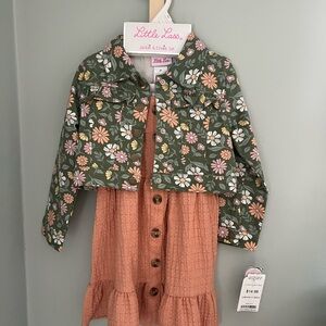 Little Lass Green Floral Jacket with Peach Dress
